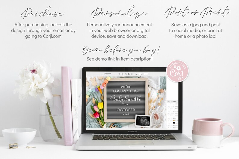 May include: A laptop screen displaying a digital announcement for a baby shower. The announcement features a chalkboard with the text "We're Eggspecting! Baby Smith October 2023". The announcement is surrounded by a blue and white background with a bouquet of yellow and pink tulips, a baby rattle, and a small photo of an ultrasound.