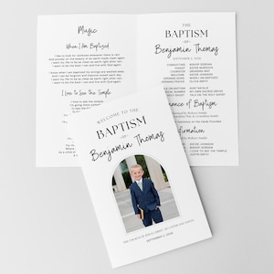 May include: A white baptism program with the text "Welcome to the Baptism of Benjamin Thomas" and a photo of a young boy in a suit. The program includes the order of service and lyrics to hymns.