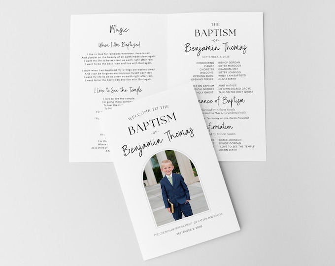 LDS Baptism Program Template – Boy or Girl, Simple Modern Foldable Design (Canva)
