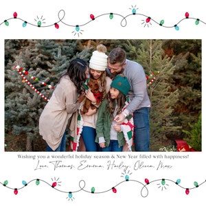 May include: A family of five, including a dog, stand in front of a Christmas tree lot. They are smiling and looking at the camera. The text "Wishing you a wonderful holiday season & New Year filled with happiness! Love. Thomas. Emena. Hailey, Olivia. Max" is written below the image.