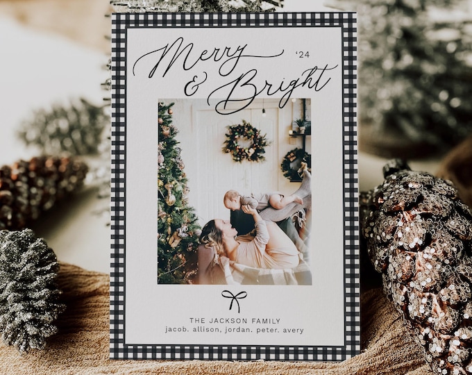 Customizable Modern Christmas Card Template | Minimalist Photo Holiday Greeting with Buffalo Plaid Bow