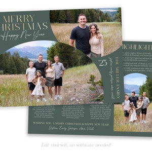 May include: A green and gold Christmas card featuring a family photo and the text "Merry Christmas & Happy New Year!" The card also highlights the family's year, including a road trip, a visit to a national park, and a 20th anniversary celebration. The card has a modern, minimalist design.
