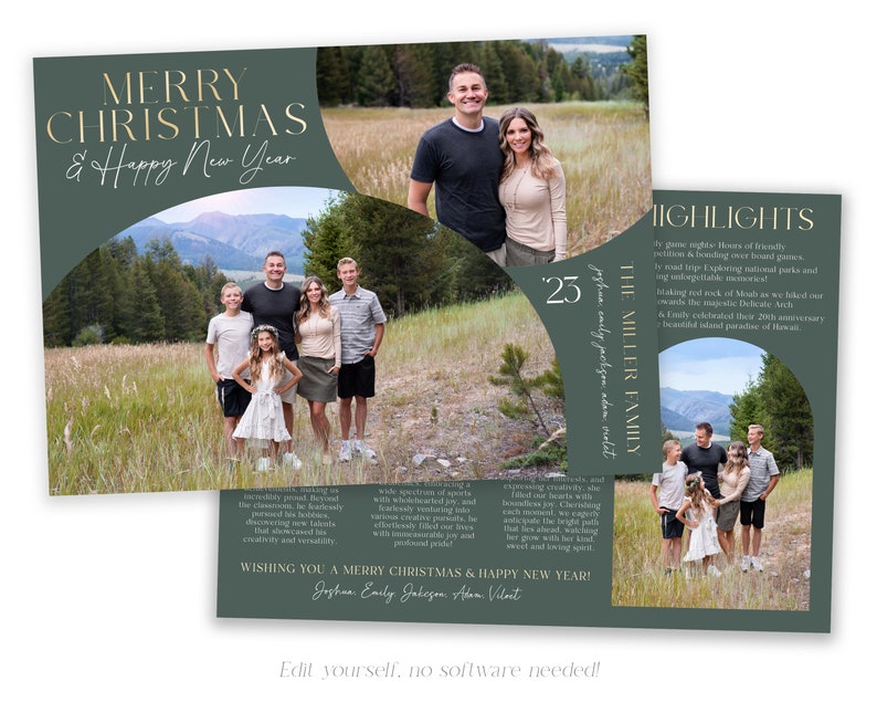 May include: A green and gold Christmas card featuring a family photo and the text "Merry Christmas & Happy New Year!" The card also highlights the family's year, including a road trip, a visit to a national park, and a 20th anniversary celebration. The card has a modern, minimalist design.