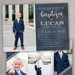 May include: Invitation for a baptism ceremony for Lucas James Miller, to be held on March 3rd, 2021 at 10:00 AM at The Church of Jesus Christ of Latter-day Saints in Kaysville, Utah. The invitation features a photo of the boy in a blue suit and a tie, holding a book. The invitation also includes a quote from the Bible: "I will go and do the thing the Lord commands."
