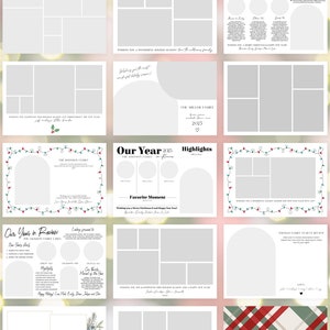 May include: A set of printable card back designs for a year in review. The designs feature different layouts with photo spaces, text boxes, and festive Christmas themes. The text includes "Our Year in Review", "Highlights", and "Favourite Moment".
