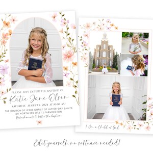 May include: A baptism invitation with a floral design. The invitation includes a photo of a young girl holding a book and the text "PLEASE JOIN US FOR THE BAPTISM OF Katie Jane Olser SATURDAY, AUGUST 1, 2024 AT 10:00 AM THE CHURCH OF JESUS CHRIST OF LATTER-DAY SAINTS 125 NORTH 100 WEST I FARMINGTON Refreshments to follow the baptism."