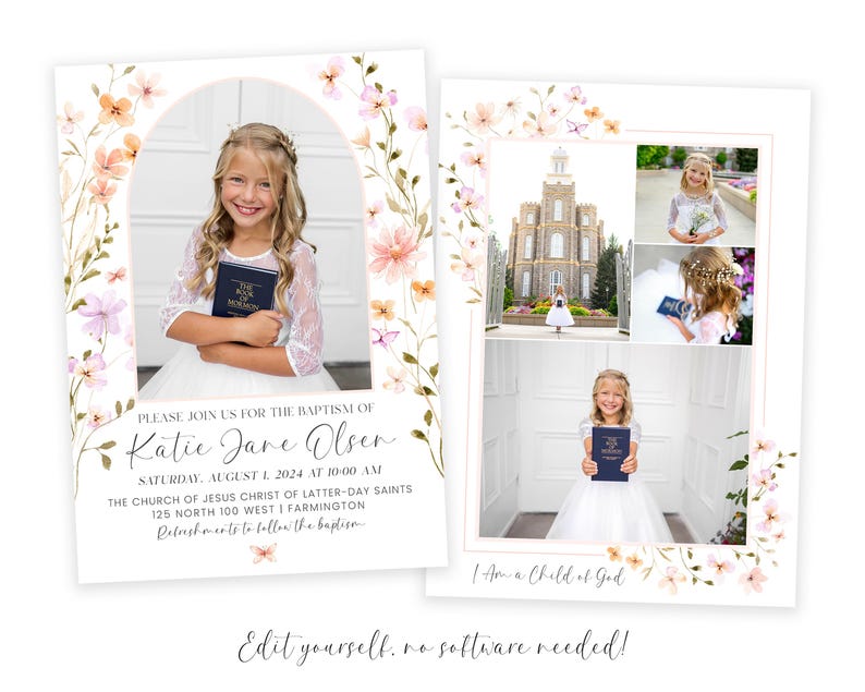 May include: A baptism invitation with a floral design. The invitation includes a photo of a young girl holding a book and the text "PLEASE JOIN US FOR THE BAPTISM OF Katie Jane Olser SATURDAY, AUGUST 1, 2024 AT 10:00 AM THE CHURCH OF JESUS CHRIST OF LATTER-DAY SAINTS 125 NORTH 100 WEST I FARMINGTON Refreshments to follow the baptism."