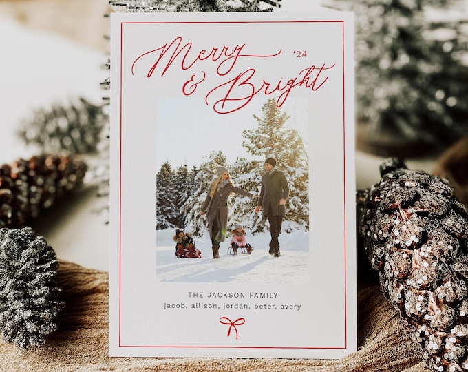 Customizable Modern Boho Photo Christmas Card Template | Minimalist Bow Holiday Greeting | Editable Design