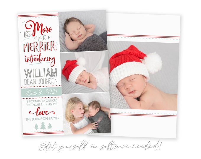 Christmas Birth Announcement | The More The Merrier Christmas Card | Birth Announcement Template | Holiday Birth Announcement | Corjl