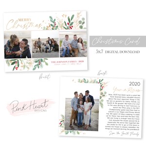 May include: A Christmas card template with a festive green and gold floral design. The front of the card features a collage of family photos. The back of the card has a 2020 year in review message with a family photo. The card is 5x7 inches and is a digital download.