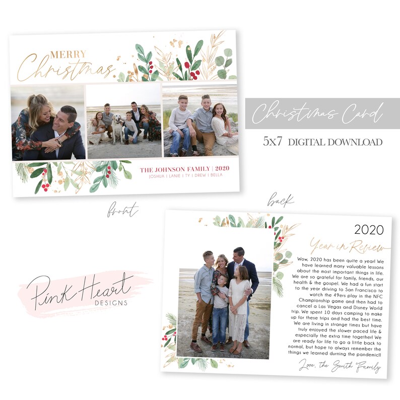 May include: A Christmas card template with a festive green and gold floral design. The front of the card features a collage of family photos. The back of the card has a 2020 year in review message with a family photo. The card is 5x7 inches and is a digital download.