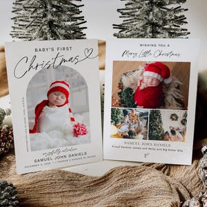 May include: A Christmas card announcement with a photo of a baby in a red and white Santa hat. The text reads "Baby's First Christmas" and "We joyfully introduce Samuel John Daniels, December 4, 2024, 7 pounds 2 ounces, 19 inches".