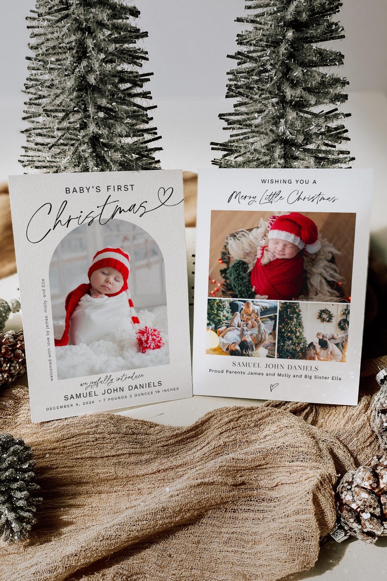 May include: A Christmas card announcement with a photo of a baby in a red and white Santa hat. The text reads "Baby's First Christmas" and "We joyfully introduce Samuel John Daniels, December 4, 2024, 7 pounds 2 ounces, 19 inches".