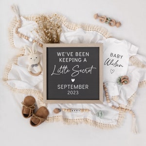 May include: A black letter board with the text "We've Been Keeping A Little Secret" and the date "September 2023". A white onesie with the text "Baby Wilson" is next to the letter board. There are also a few baby toys and a blanket in the image.