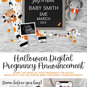 K&ouml;nnte beinhalten: Eine digitale Halloween-Schwangerschaftsank&uuml;ndigungsvorlage mit einem schwarzen Buchstabenbrett, auf dem "no trick just a treat Baby Smith Due March 2023" steht. Das Buchstabenbrett ist von Halloween-Dekorationen umgeben, darunter ein Baby-Strampler, eine geh&auml;kelte Fledermaus und Maisbonbons.