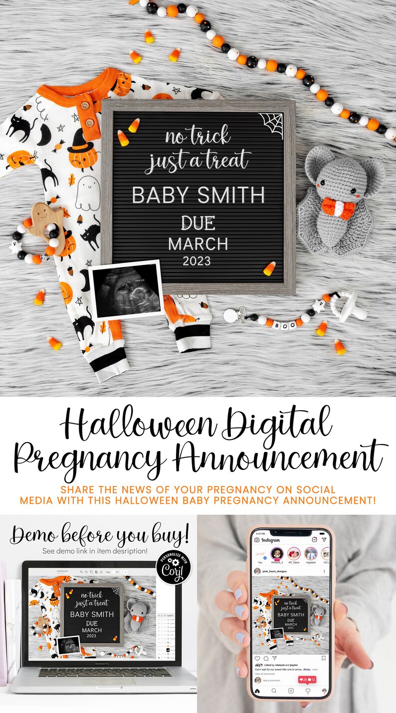 K&ouml;nnte beinhalten: Eine digitale Halloween-Schwangerschaftsank&uuml;ndigungsvorlage mit einem schwarzen Buchstabenbrett, auf dem "no trick just a treat Baby Smith Due March 2023" steht. Das Buchstabenbrett ist von Halloween-Dekorationen umgeben, darunter ein Baby-Strampler, eine geh&auml;kelte Fledermaus und Maisbonbons.