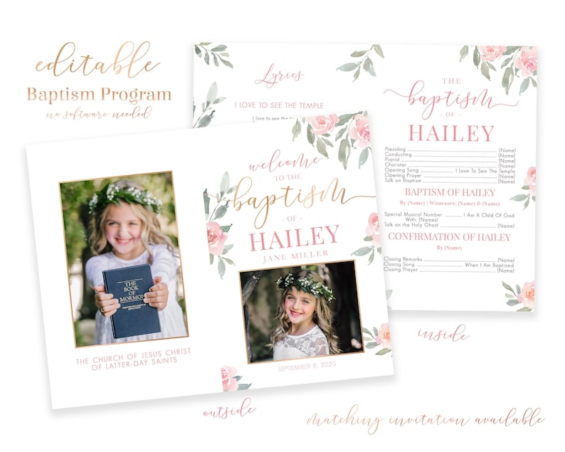 Baptism Program Girl LDS Baptism Program Editable Baptism Program Floral Program Instant Download Baptism Program Template Corjl image 1