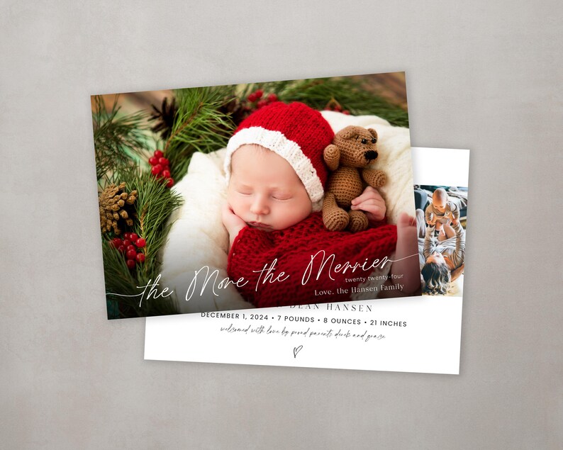 May include: A Christmas card with a photo of a baby wearing a red Santa hat and holding a brown teddy bear. The card reads "The More the Merrier" and "Love, the Hansen Family". The baby was born on December 1, 2024, and weighed 7 pounds and 8 ounces. The card also includes the text "twenty twenty-four".