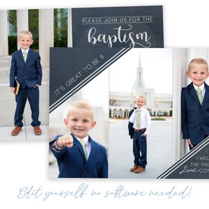 May include: A blue and white baptism invitation with a photo of a young boy in a suit. The invitation says "Please join us for the baptism" and "It's great to be 8".