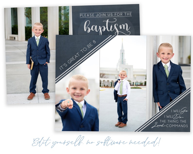 May include: A blue and white baptism invitation with a photo of a young boy in a suit. The invitation says "Please join us for the baptism" and "It's great to be 8".
