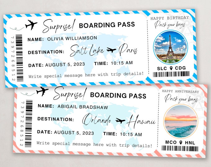 Editable Boarding Pass Template, Canva Boarding Pass, Customizable Plane Tickets, Instant Download, Airplane Ticket Gift Card