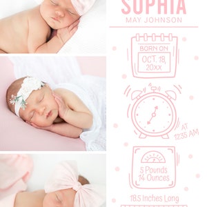 May include: A pink and white baby announcement card with a photo of a newborn baby girl. The card includes the baby's name, Sophia May Johnson, birth date, time, weight, and length. The card also includes a pink heart and the text "The Johnson Family."
