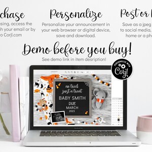 K&ouml;nnte beinhalten: Ein Laptop-Bildschirm zeigt ein Baby-Ank&uuml;ndigungsdesign zum Thema Halloween. Das Design zeigt eine schwarze Tafel mit dem Text "no trick just a treat" und "BABY SMITH DUE MARCH 2023". Rechts neben der Tafel befindet sich ein kleines graues Pl&uuml;sch-Elefantenspielzeug. Das Design ist &uuml;ber die Website Corjl anpassbar.