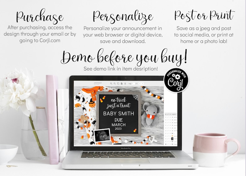 K&ouml;nnte beinhalten: Ein Laptop-Bildschirm zeigt ein Baby-Ank&uuml;ndigungsdesign zum Thema Halloween. Das Design zeigt eine schwarze Tafel mit dem Text "no trick just a treat" und "BABY SMITH DUE MARCH 2023". Rechts neben der Tafel befindet sich ein kleines graues Pl&uuml;sch-Elefantenspielzeug. Das Design ist &uuml;ber die Website Corjl anpassbar.