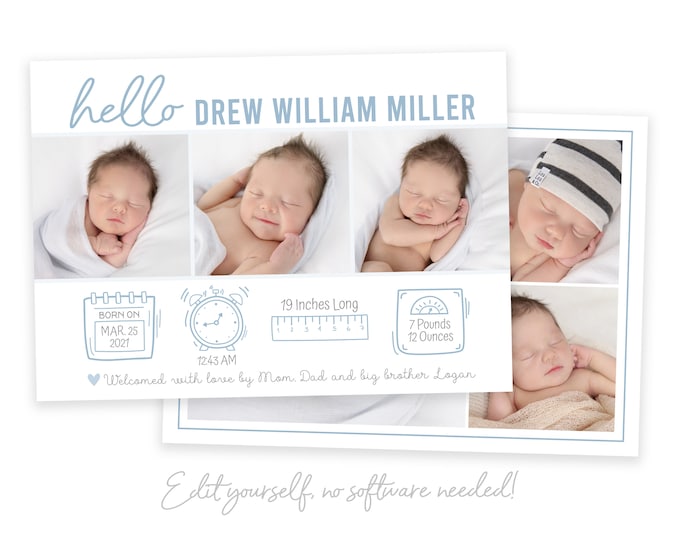 Baby Boy Birth Announcement Card - Customizable Baby Boy Birth Card - Newborn Announcement with Photo - Easily Edit in Corjl