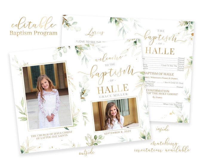 Baptism Program Girl - LDS Baptism Program - Editable Baptism Program - Floral Program Instant Download - Baptism Program Template - Corjl