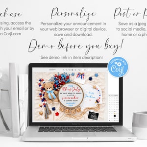 May include: A laptop screen displaying a digital design template for a 4th of July baby announcement. The design features a red, white, and blue color scheme with a teddy bear, a baby onesie, and a wooden sign that says "This 4th of July we have news to share! A little firecracker is coming soon! January 2023".