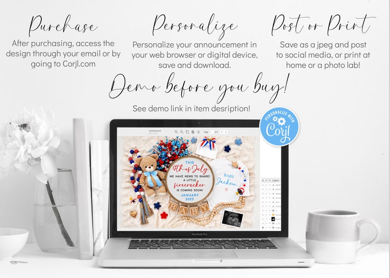 May include: A laptop screen displaying a digital design template for a 4th of July baby announcement. The design features a red, white, and blue color scheme with a teddy bear, a baby onesie, and a wooden sign that says "This 4th of July we have news to share! A little firecracker is coming soon! January 2023".