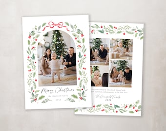 Christmas Card Template, Personalized Holiday Card, Printable Family Christmas Card, Custom Holiday Photo Card, Bow Wreath Card