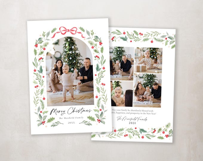 Christmas Card Template, Personalized Holiday Card, Printable Family Christmas Card, Custom Holiday Photo Card, Bow Wreath Card