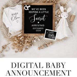 May include: A digital baby announcement featuring a black chalkboard sign that reads "We've been keeping a little secret. Arriving September 2024." The sign is surrounded by a white onesie with the text "Baby Olsen" and a white crocheted bunny toy.