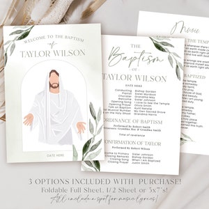 May include: Baptism invitation set featuring a watercolor illustration of Jesus Christ. The invitation includes the text "Welcome to the Baptism of Taylor Wilson" and details for the ceremony. Includes 3 options.