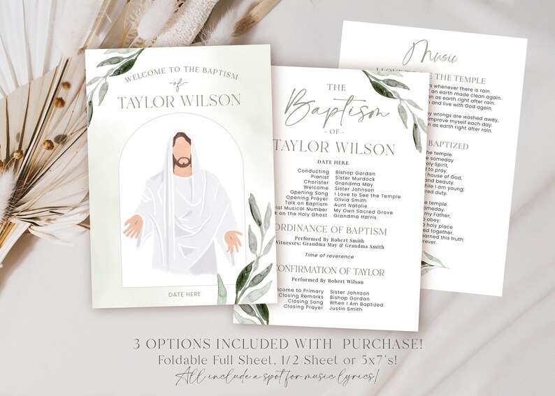 May include: Baptism invitation set featuring a watercolor illustration of Jesus Christ. The invitation includes the text "Welcome to the Baptism of Taylor Wilson" and details for the ceremony. Includes 3 options.
