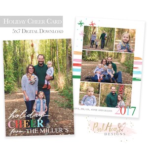 May include: A digital download of a holiday cheer card featuring a family of five in a wooded setting. The card has a collage of photos with a colorful striped background and the text "holiday cheer from THE MILLER'S" and "2017".