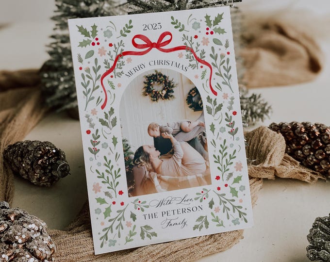 Christmas Photo Card Template: Editable Bow Design (Digital Download)
