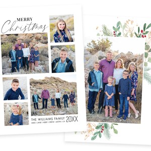 May include: A Christmas card featuring a family portrait with a collage of photos of the family members. The card has a white background with a green and gold floral border. The text "Merry Christmas" is written in black script at the top of the card. The text "The Williams Family 20XX Mike | Jane | Abby | Drew | Justin | Liv" is written at the bottom of the card.