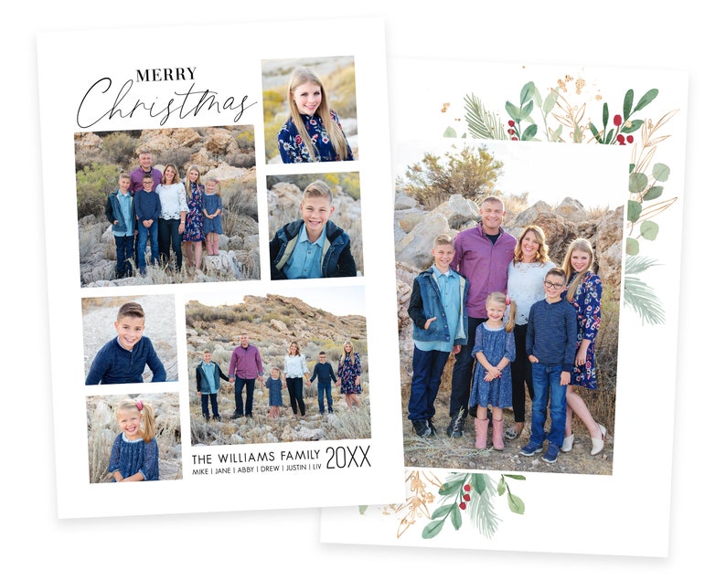 May include: A Christmas card featuring a family portrait with a collage of photos of the family members. The card has a white background with a green and gold floral border. The text "Merry Christmas" is written in black script at the top of the card. The text "The Williams Family 20XX Mike | Jane | Abby | Drew | Justin | Liv" is written at the bottom of the card.