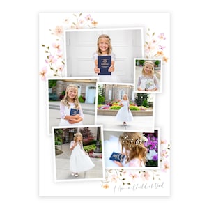 Puede incluir: Un collage de fotos de una ni&ntilde;a con un vestido blanco sosteniendo un libro. Las fotos est&aacute;n dispuestas en una cuadr&iacute;cula y est&aacute;n rodeadas por un borde floral. El texto "I Am a Child of God" est&aacute; escrito en la parte inferior del collage.