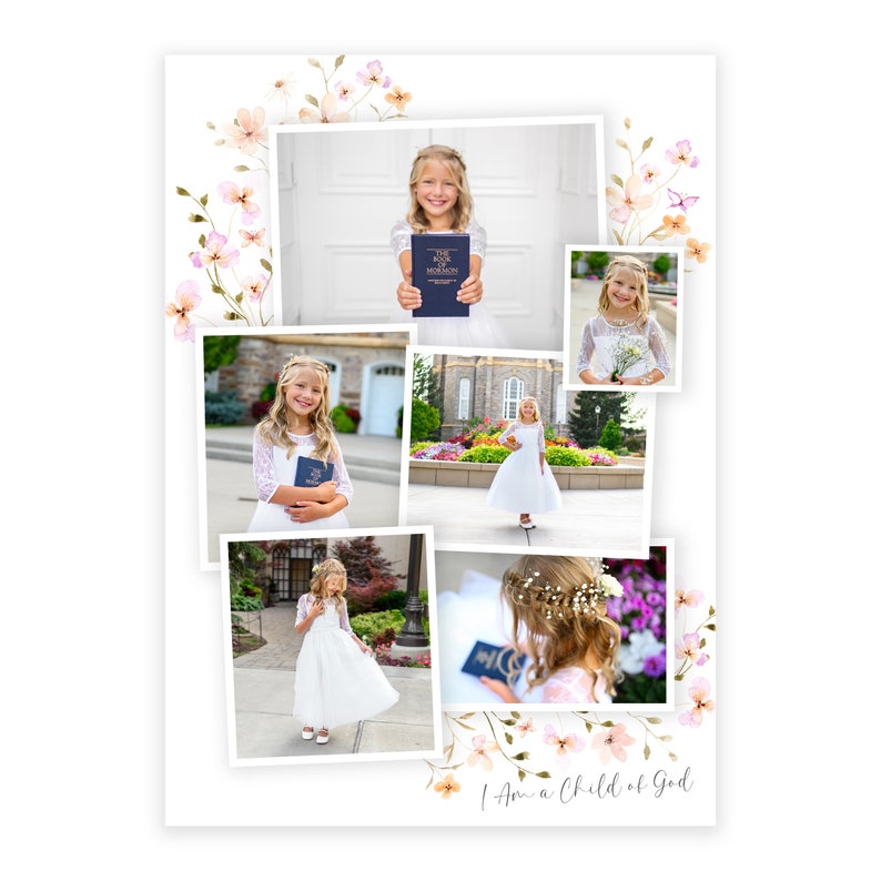 Puede incluir: Un collage de fotos de una ni&ntilde;a con un vestido blanco sosteniendo un libro. Las fotos est&aacute;n dispuestas en una cuadr&iacute;cula y est&aacute;n rodeadas por un borde floral. El texto "I Am a Child of God" est&aacute; escrito en la parte inferior del collage.