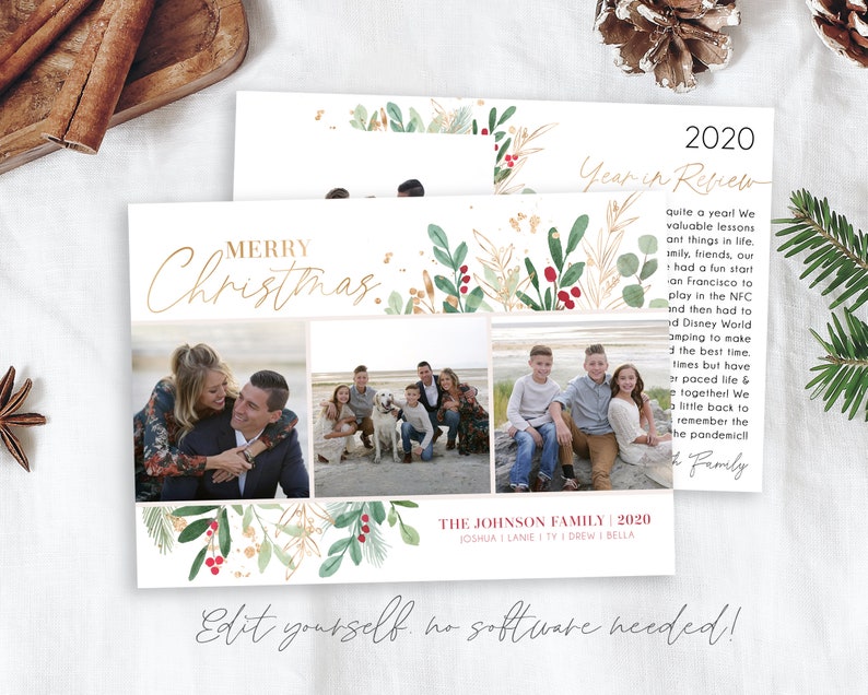 May include: A Christmas card with a watercolor design featuring green leaves, red berries, and gold accents. The card has a collage of family photos and the text "Merry Christmas" and "The Johnson Family | 2020".