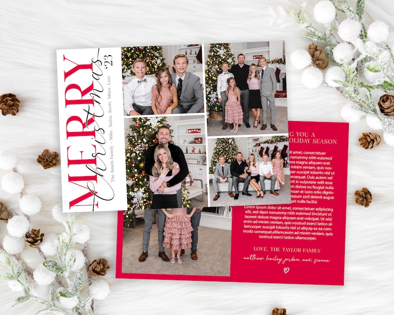 May include: A red and white Christmas card with a collage of family photos. The card features the text "Merry Christmas" in red and black lettering. The text "The Smith Family" is written in black lettering. The card also includes the text "Wishing you a Happy Holiday Season" and "Love, The Taylor Family".