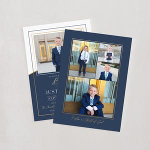 May include: Navy blue and gold invitation cards. One card features a photo of a boy in a suit, the other has a collage of photos of a boy in a suit. The text on the card reads "Just Sep" and "I Am a Child of God".