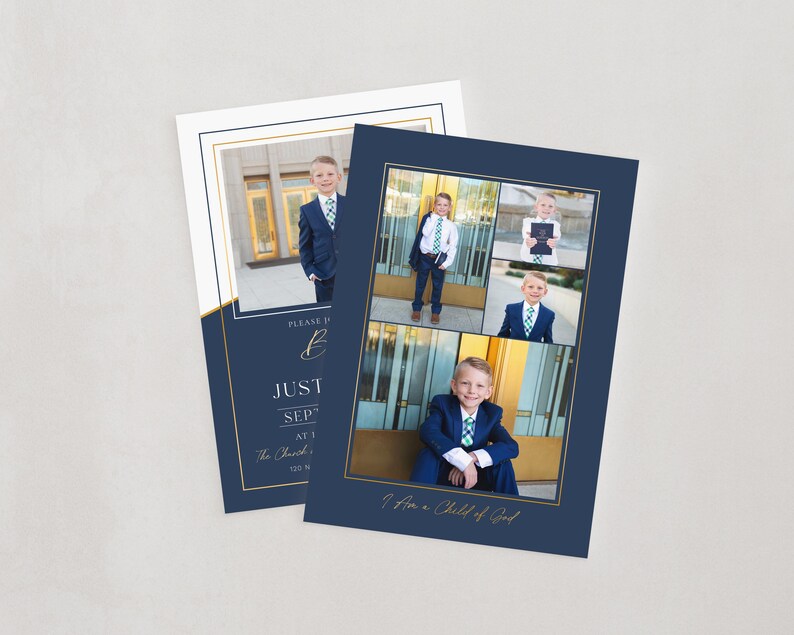 May include: Navy blue and gold invitation cards. One card features a photo of a boy in a suit, the other has a collage of photos of a boy in a suit. The text on the card reads "Just Sep" and "I Am a Child of God".