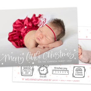 May include: A Christmas card with a photo of a baby girl wearing a red and white outfit. The card includes the text "Merry Little Christmas" and details about the baby's birth, including the date, time, weight, and length. The card also includes the text "Welcomed with love by" followed by the names of the parents and siblings.