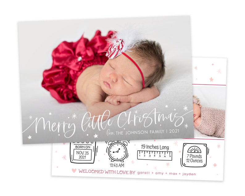 May include: A Christmas card with a photo of a baby girl wearing a red and white outfit. The card includes the text "Merry Little Christmas" and details about the baby's birth, including the date, time, weight, and length. The card also includes the text "Welcomed with love by" followed by the names of the parents and siblings.