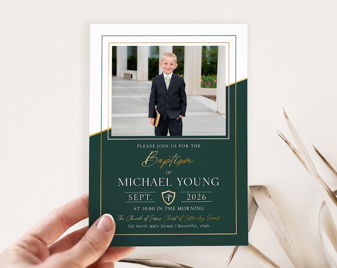 LDS Baptism Invitation Boy Green and Gold: Photo Template (Corjl)
